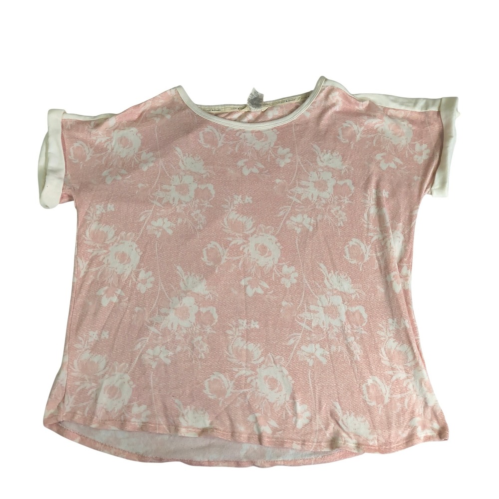 Lucky Brand Womens XL Pink Floral Knit Top Short Sleeve Rolled Cuff Casual Boho
